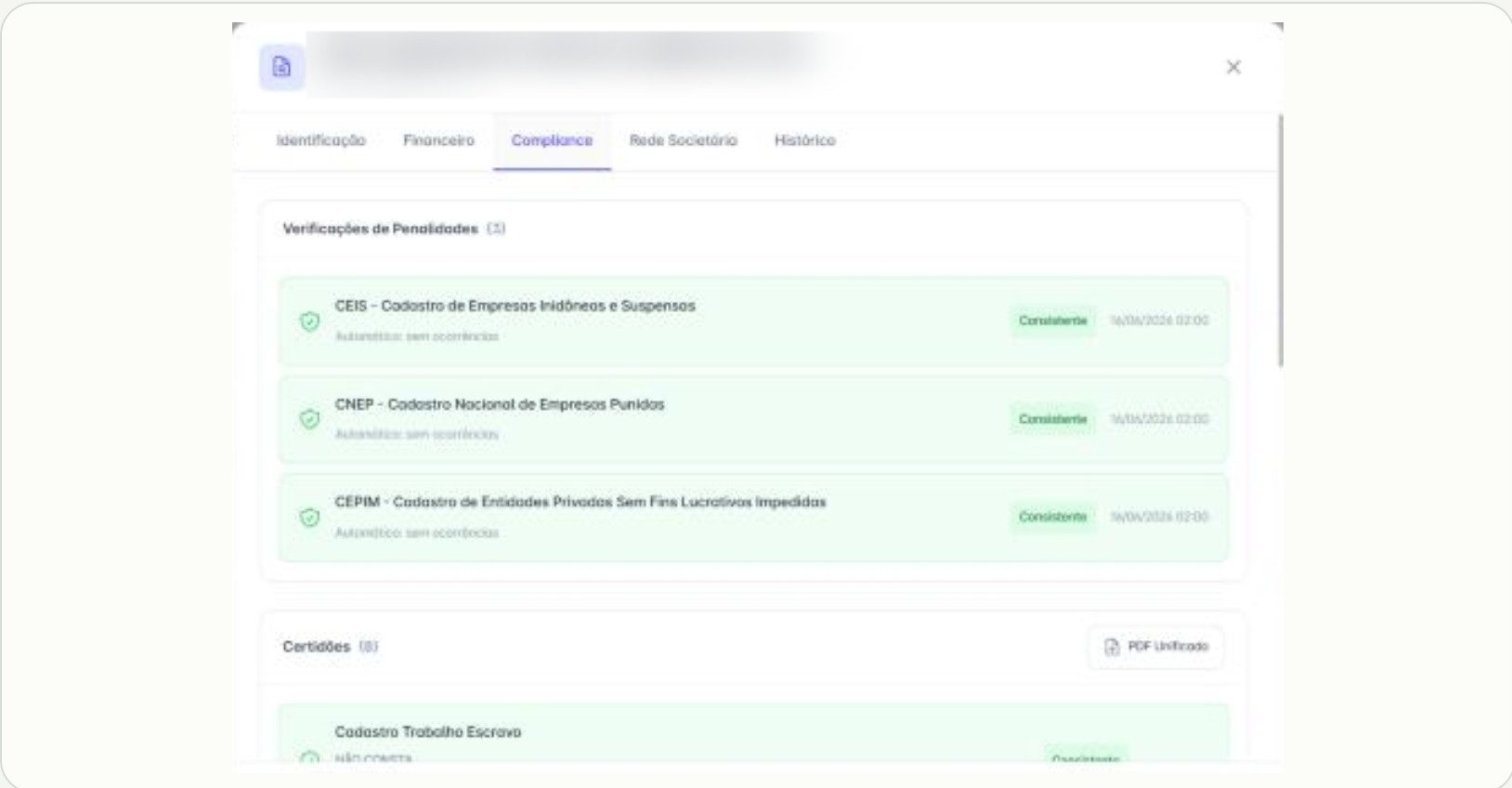 Tela: Dossiê de compliance