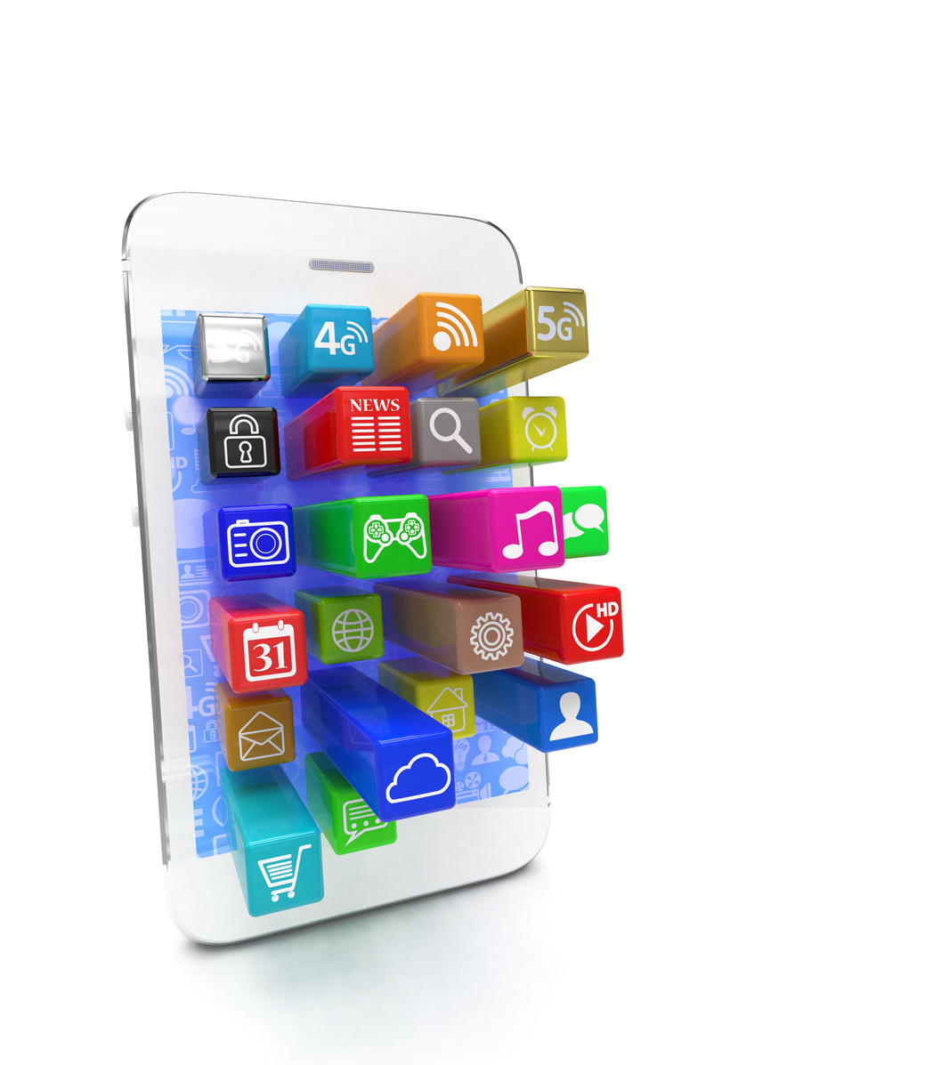 application software icons extruding from smartphone, isolated on white